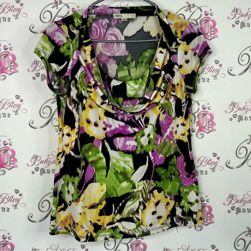Cleo Floral Women's Blouse tshirt tee stretchy Black, Green, Yellow